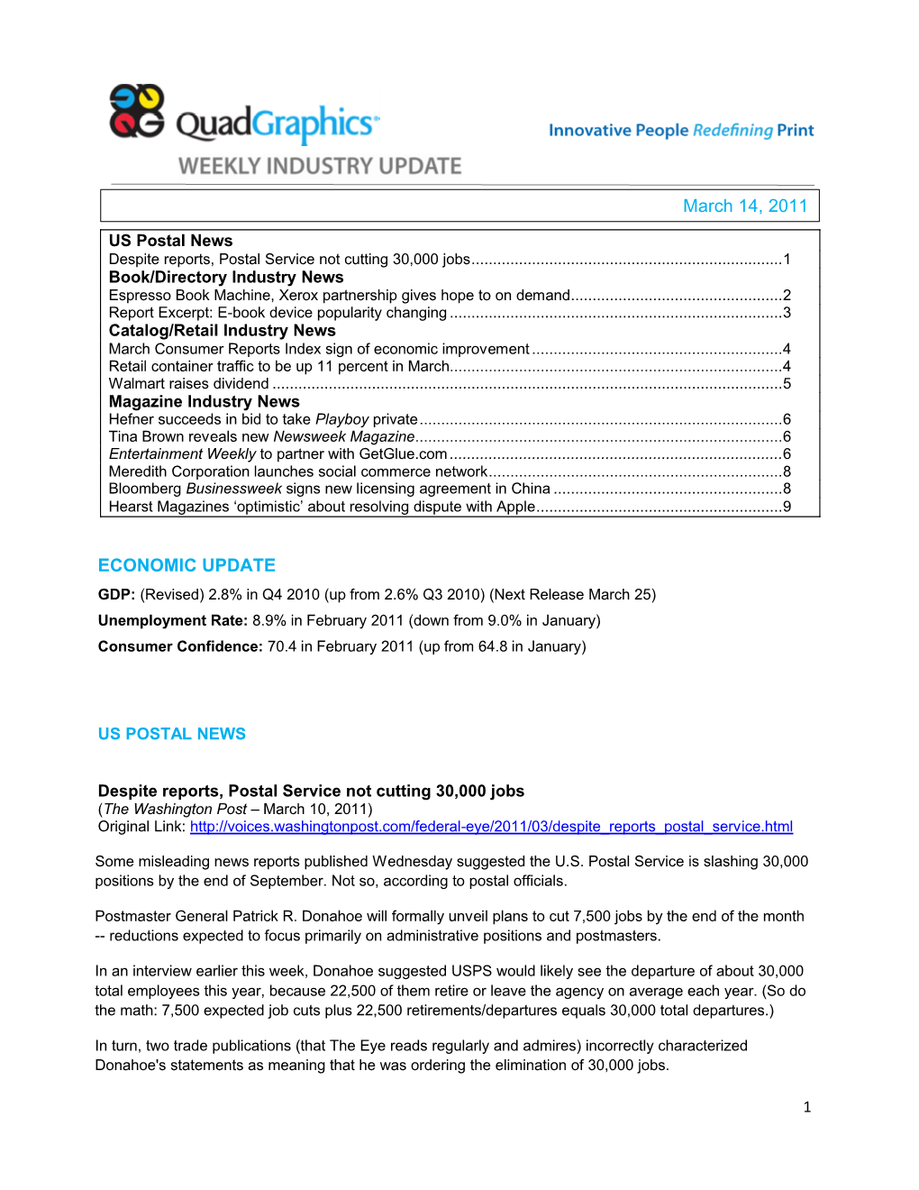 ECONOMIC UPDATE March 14, 2011