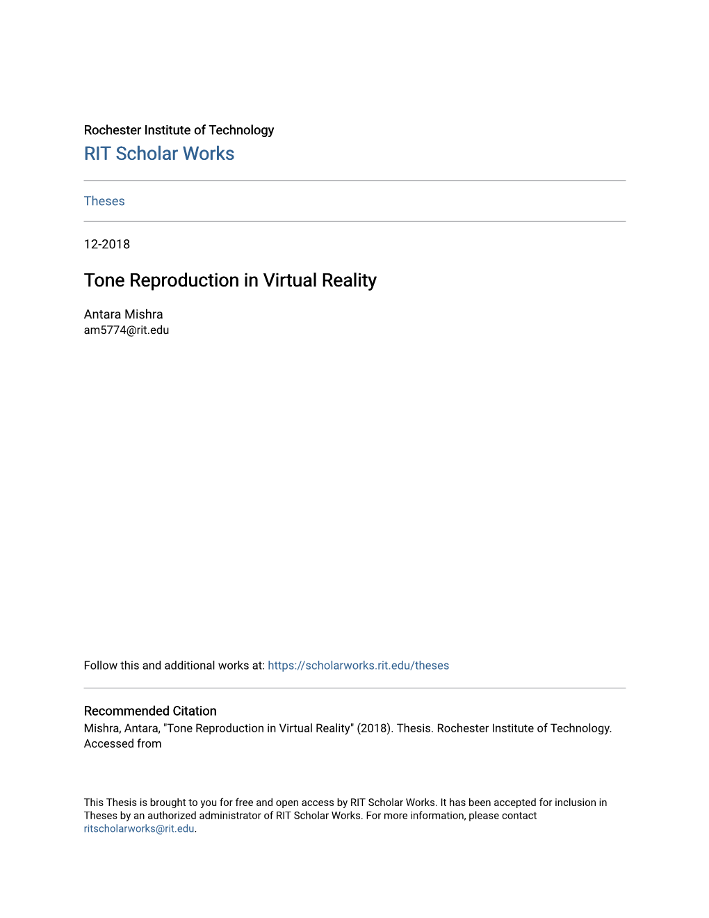 Tone Reproduction in Virtual Reality