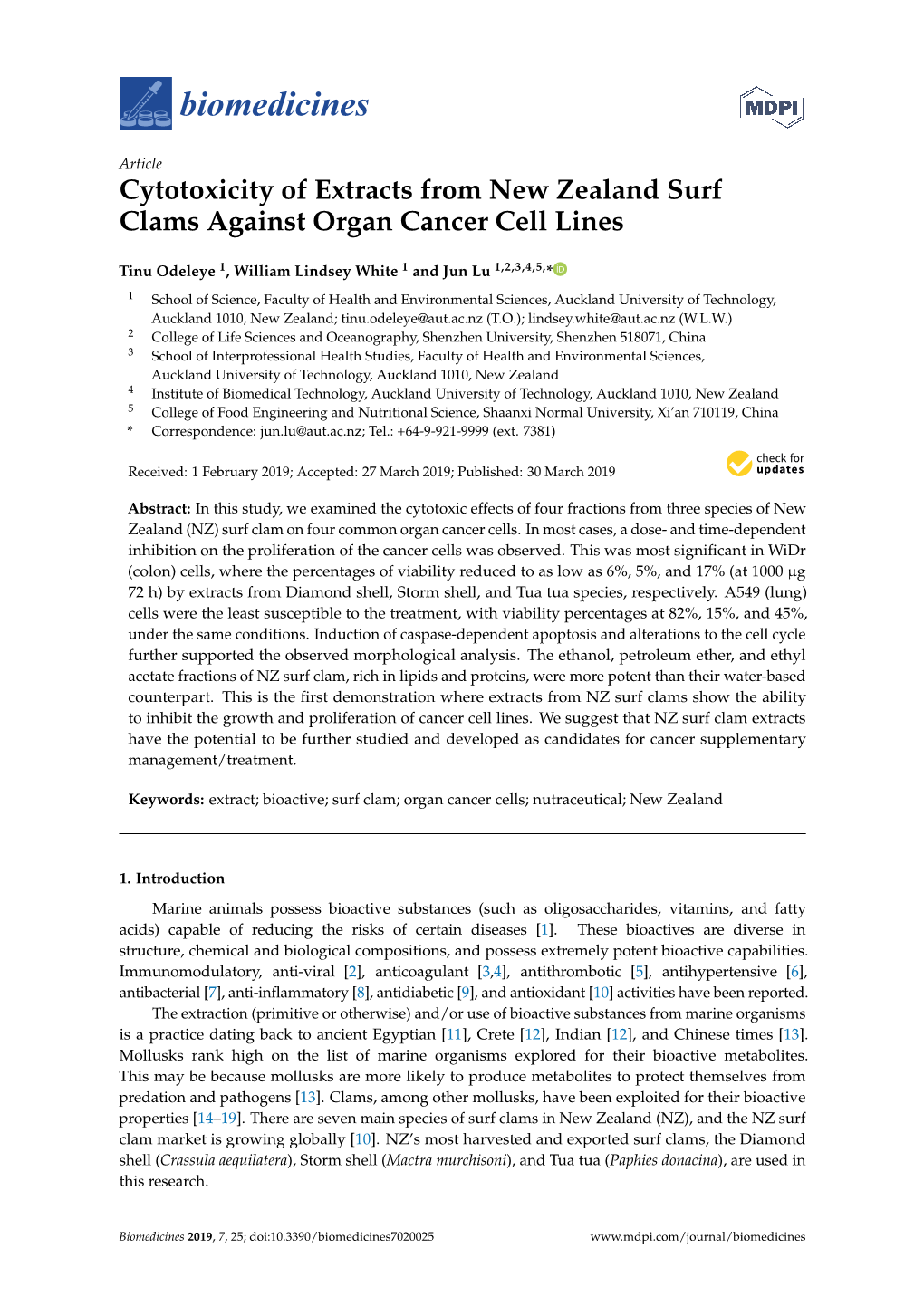 Cytotoxicity of Extracts from New Zealand Surf Clams Against Organ Cancer Cell Lines