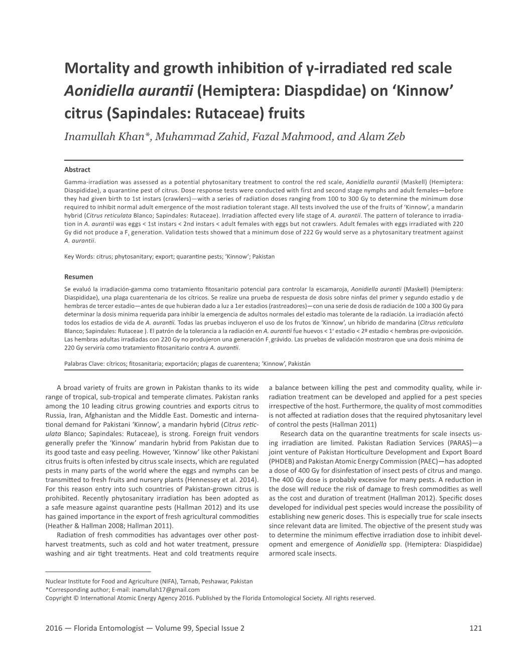 Mortality and Growth Inhibition of Γ-Irradiated Red Scale Aonidiella