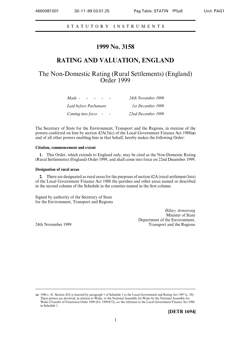 Rural Settlements) (England) Order 1999