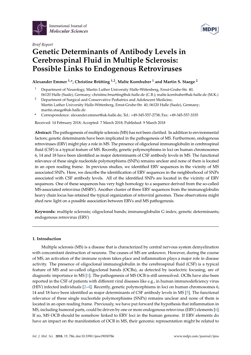 Genetic Determinants of Antibody Levels in Cerebrospinal Fluid in Multiple Sclerosis: Possible Links to Endogenous Retroviruses