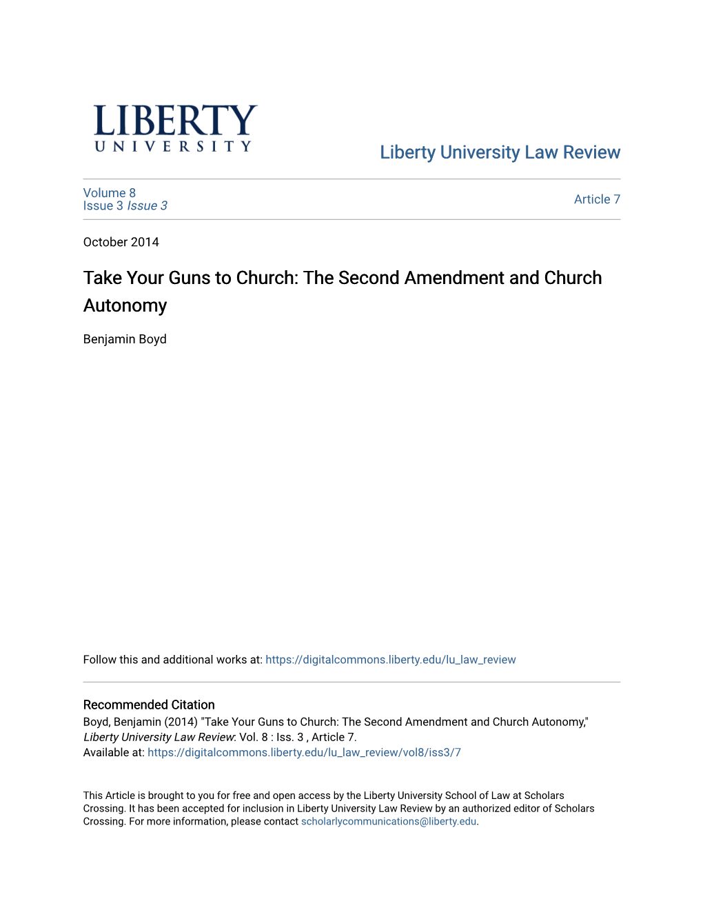 Take Your Guns to Church: the Second Amendment and Church Autonomy