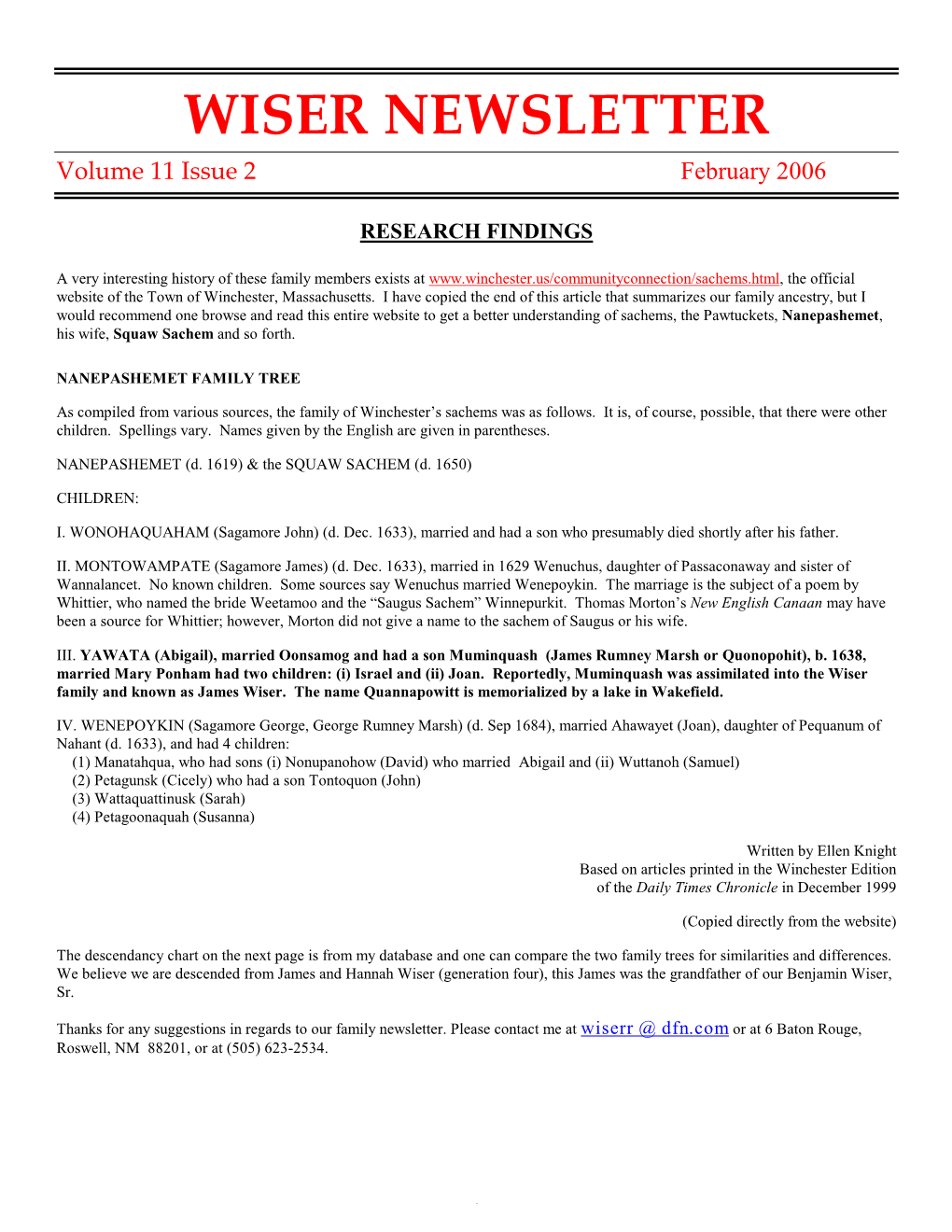 WISER NEWSLETTER Volume 11 Issue 2 February 2006