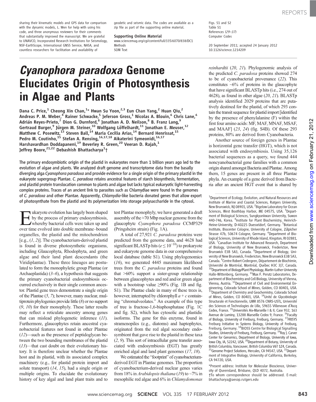 Cyanophora Paradoxa Genome Elucidates Origin of Photosynthesis