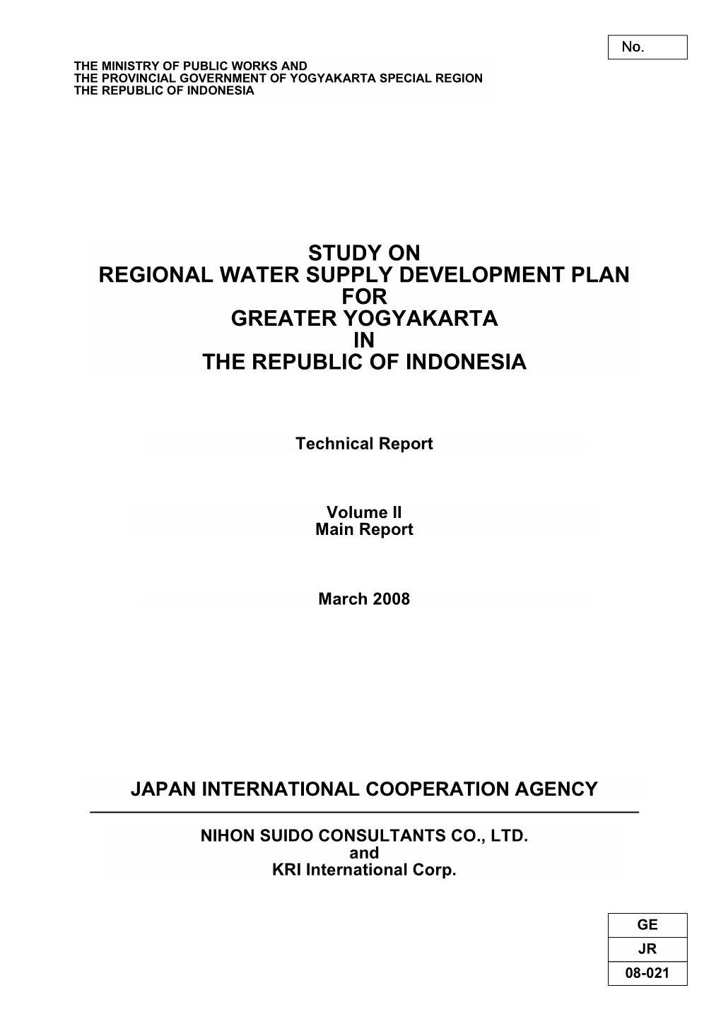 Study on Regional Water Supply Development Plan for Greater Yogyakarta in the Republic of Indonesia