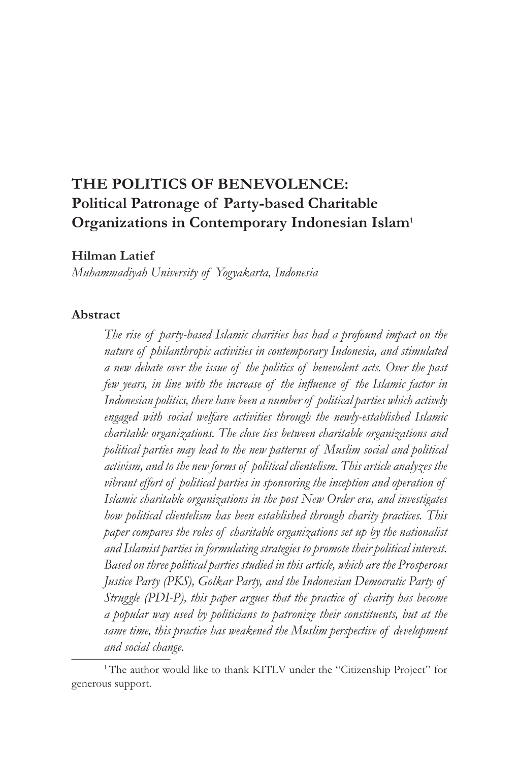Political Patronage of Party-Based Charitable Organizations in Contemporary Indonesian Islam1