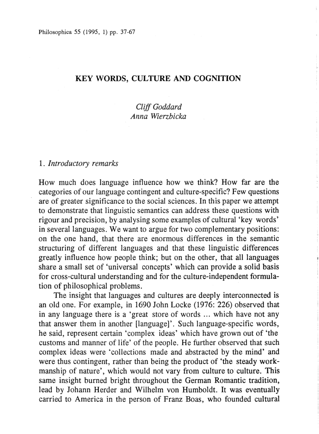 KEY WORDS, CULTURE and COGNITION 1. Introductory Remarks
