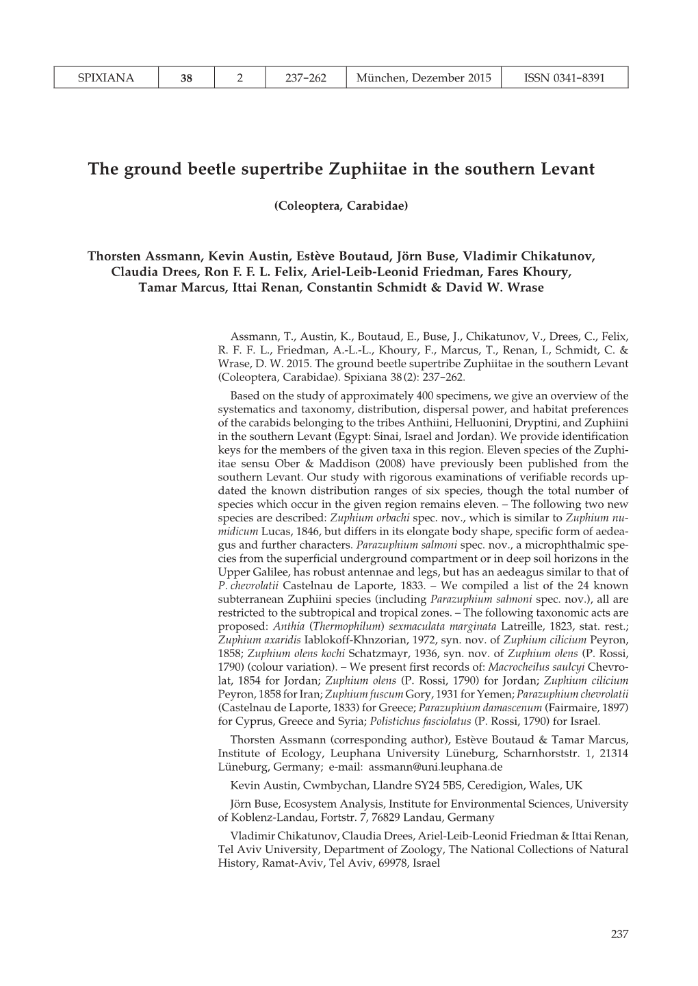 The Ground Beetle Supertribe Zuphiitae in the Southern Levant