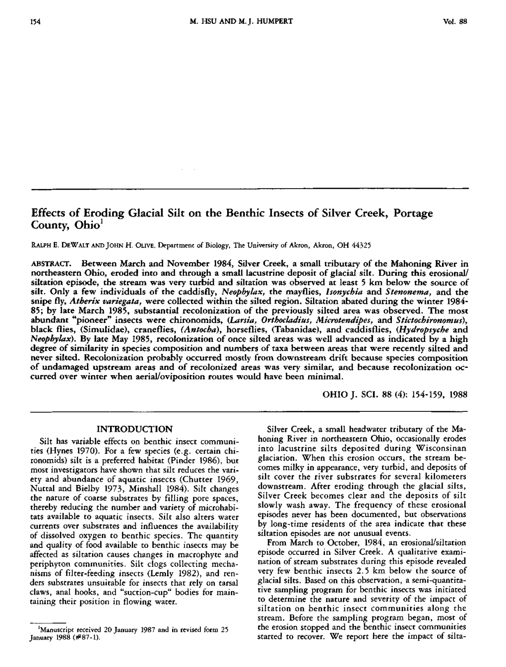 Effects of Eroding Glacial Silt on the Benthic Insects of Silver Creek, Portage County, Ohio1