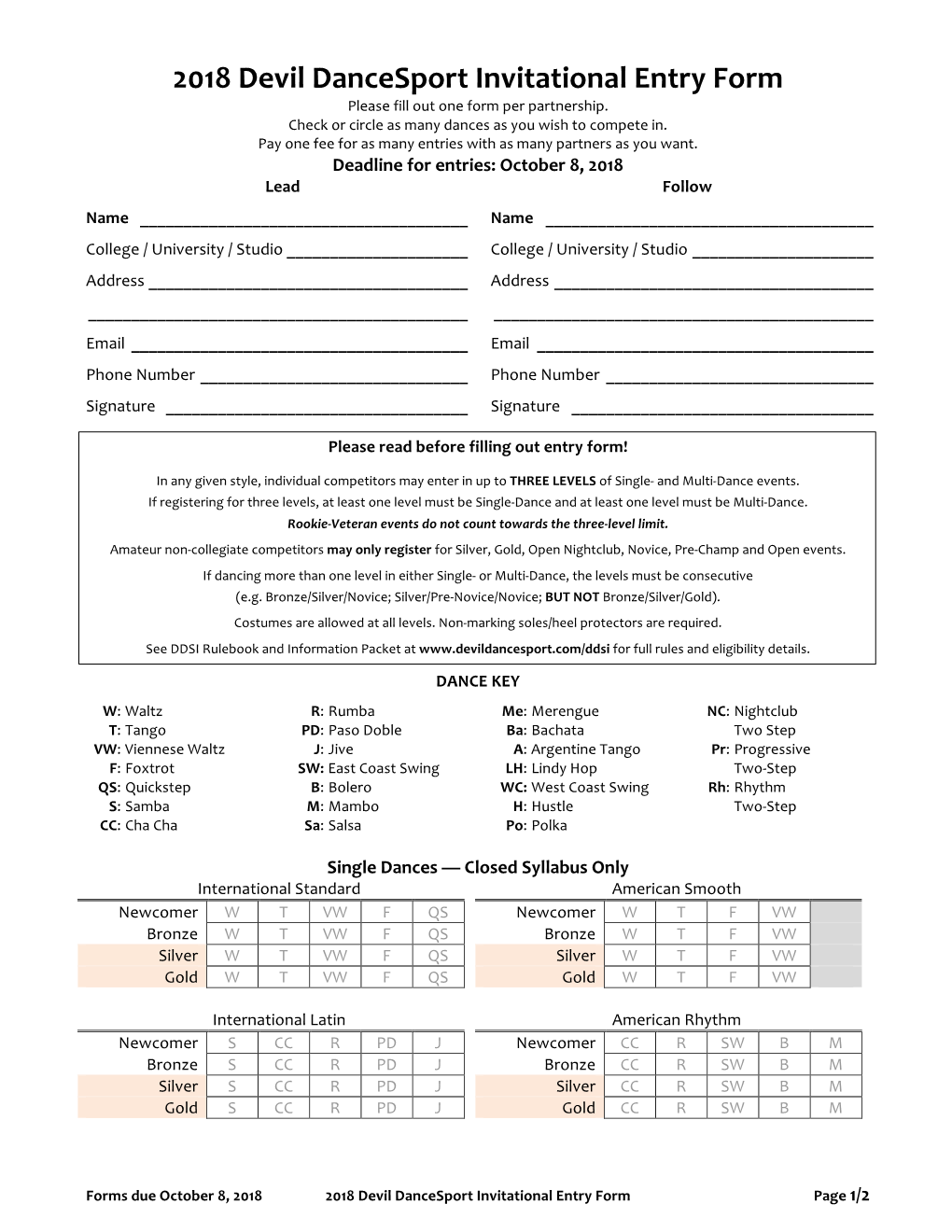 2018 Devil Dancesport Invitational Entry Form Please Fill out One Form Per Partnership