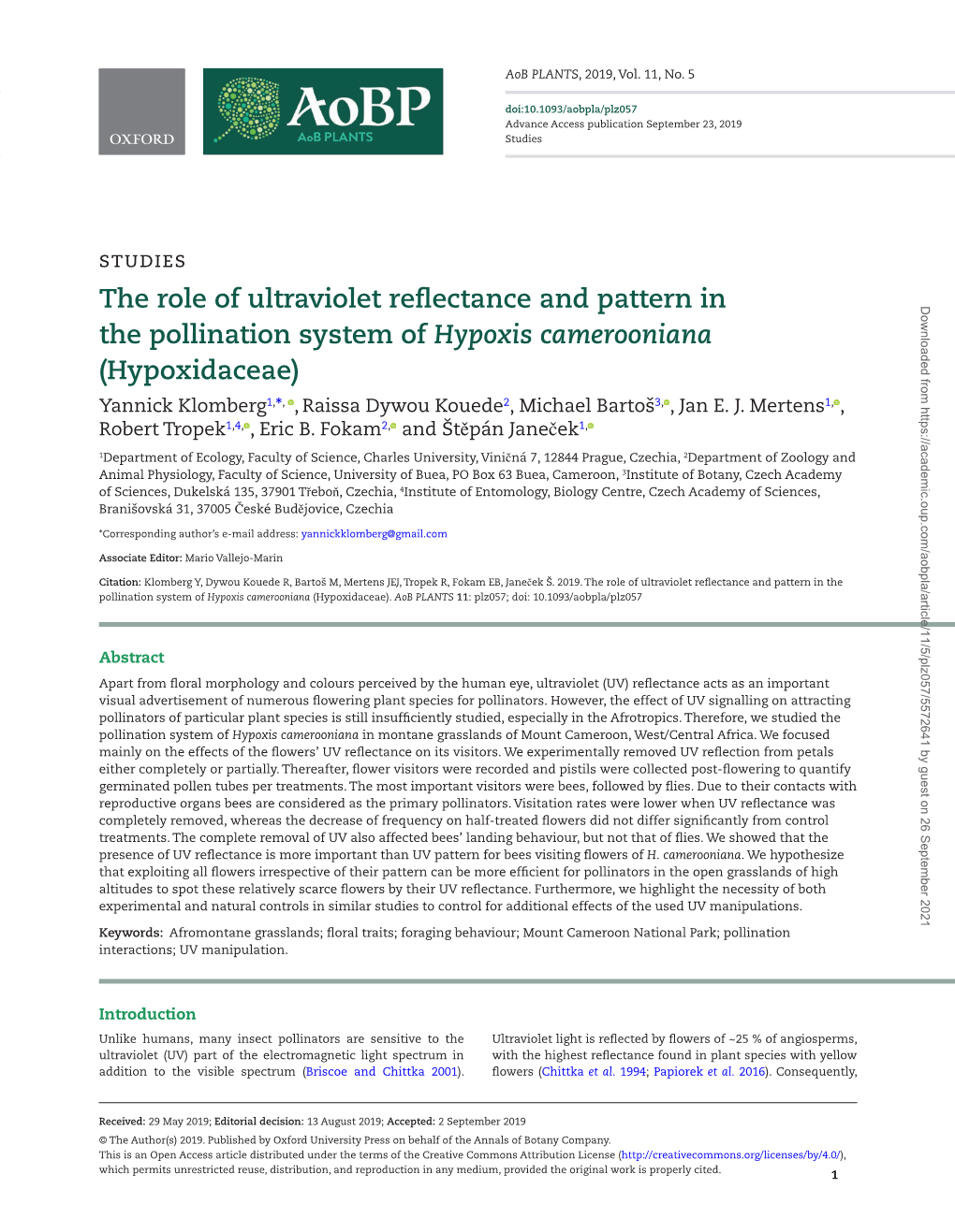 The Role of Ultraviolet Reflectance and Pattern in the Pollination System of Hypoxis Camerooniana (Hypoxidaceae)