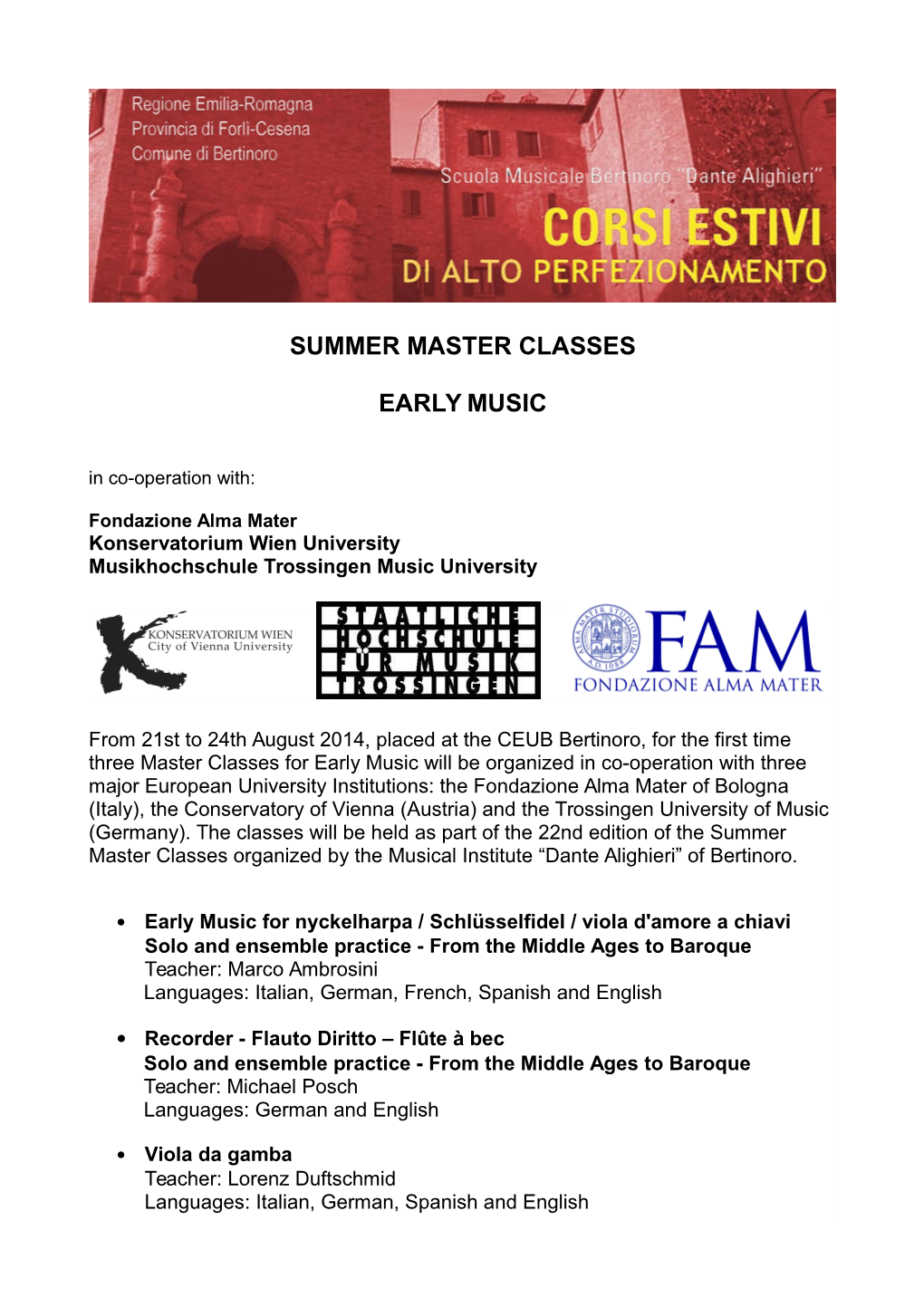Summer Master Classes Early Music