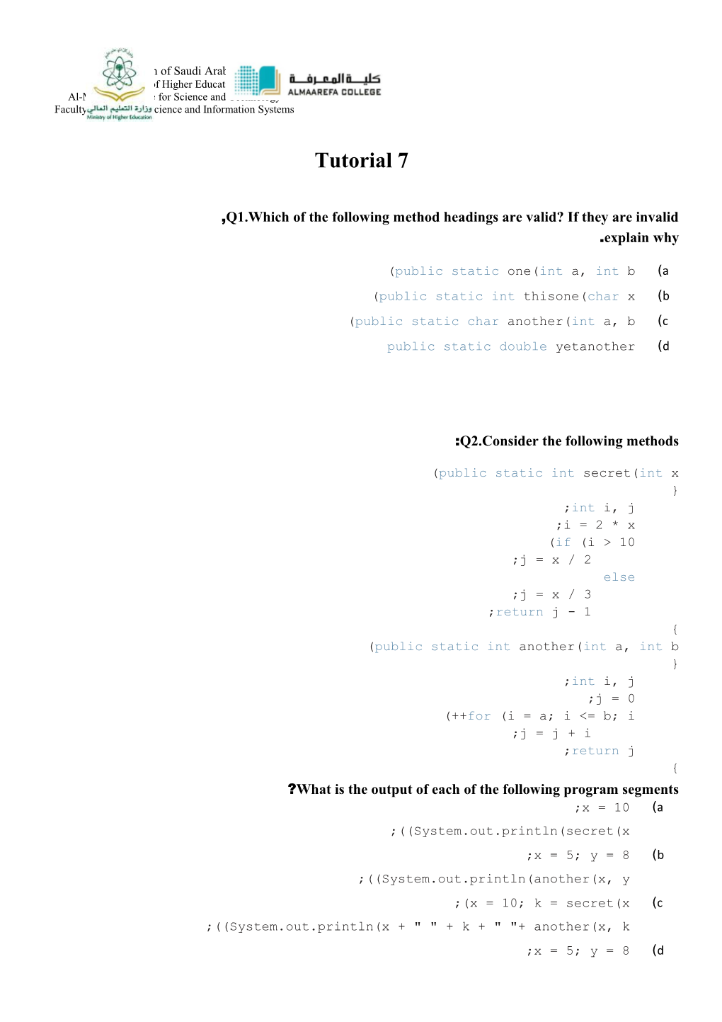 Q1.Which of the Following Method Headings Are Valid? If They Are Invalid