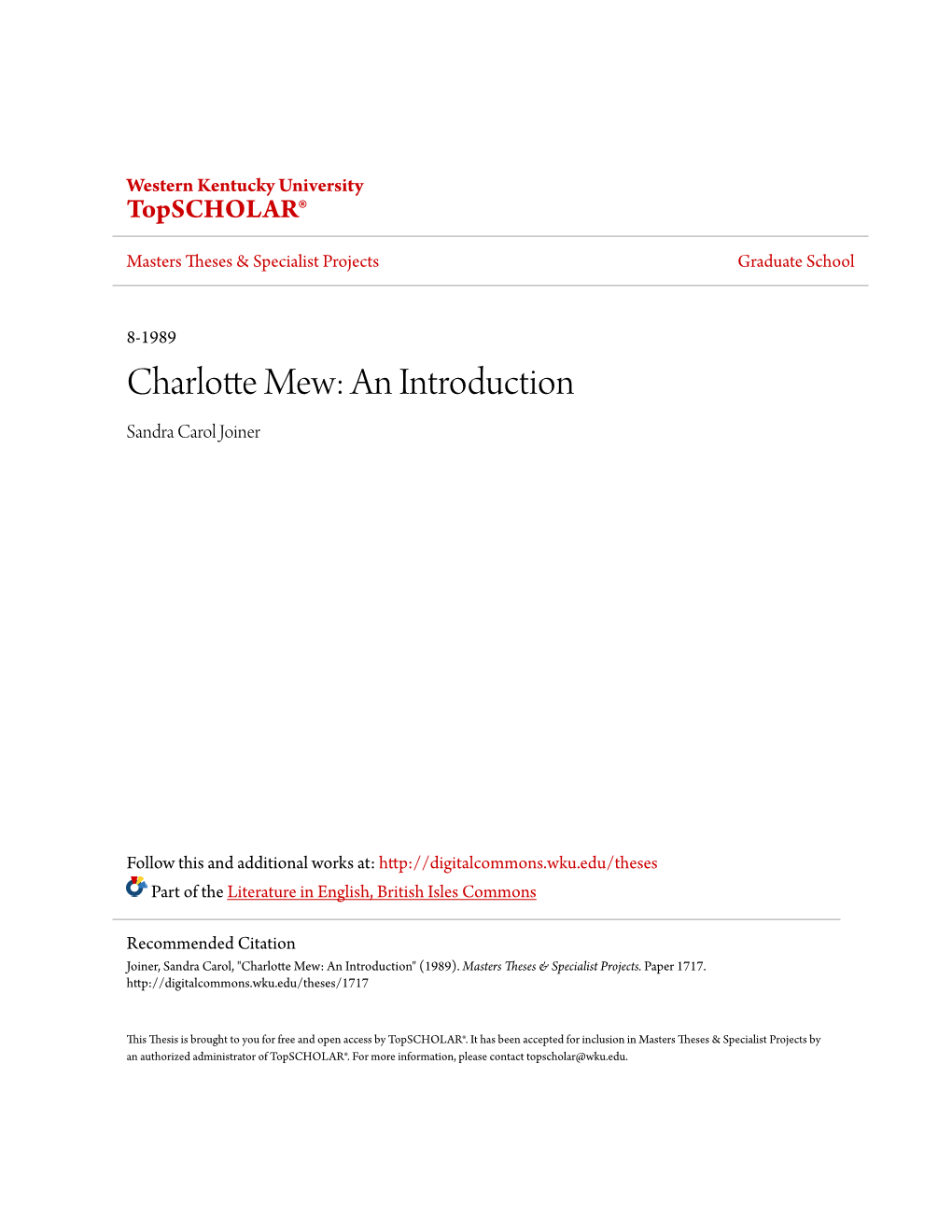 Charlotte Mew: an Introduction Sandra Carol Joiner