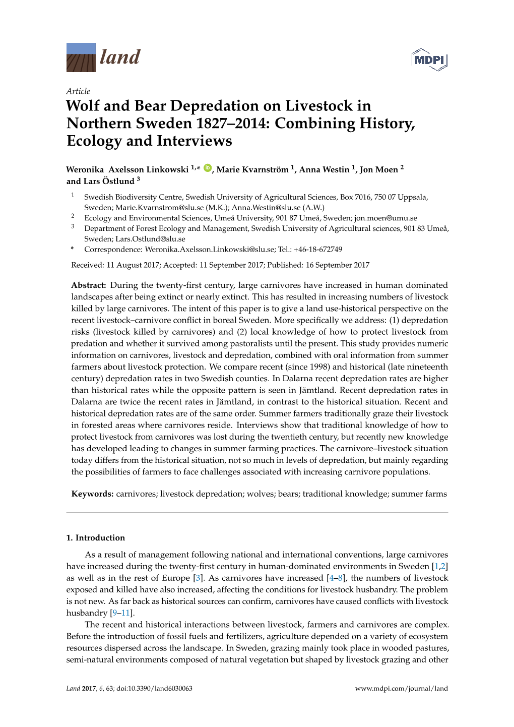 Wolf and Bear Depredation on Livestock in Northern Sweden 1827–2014: Combining History, Ecology and Interviews