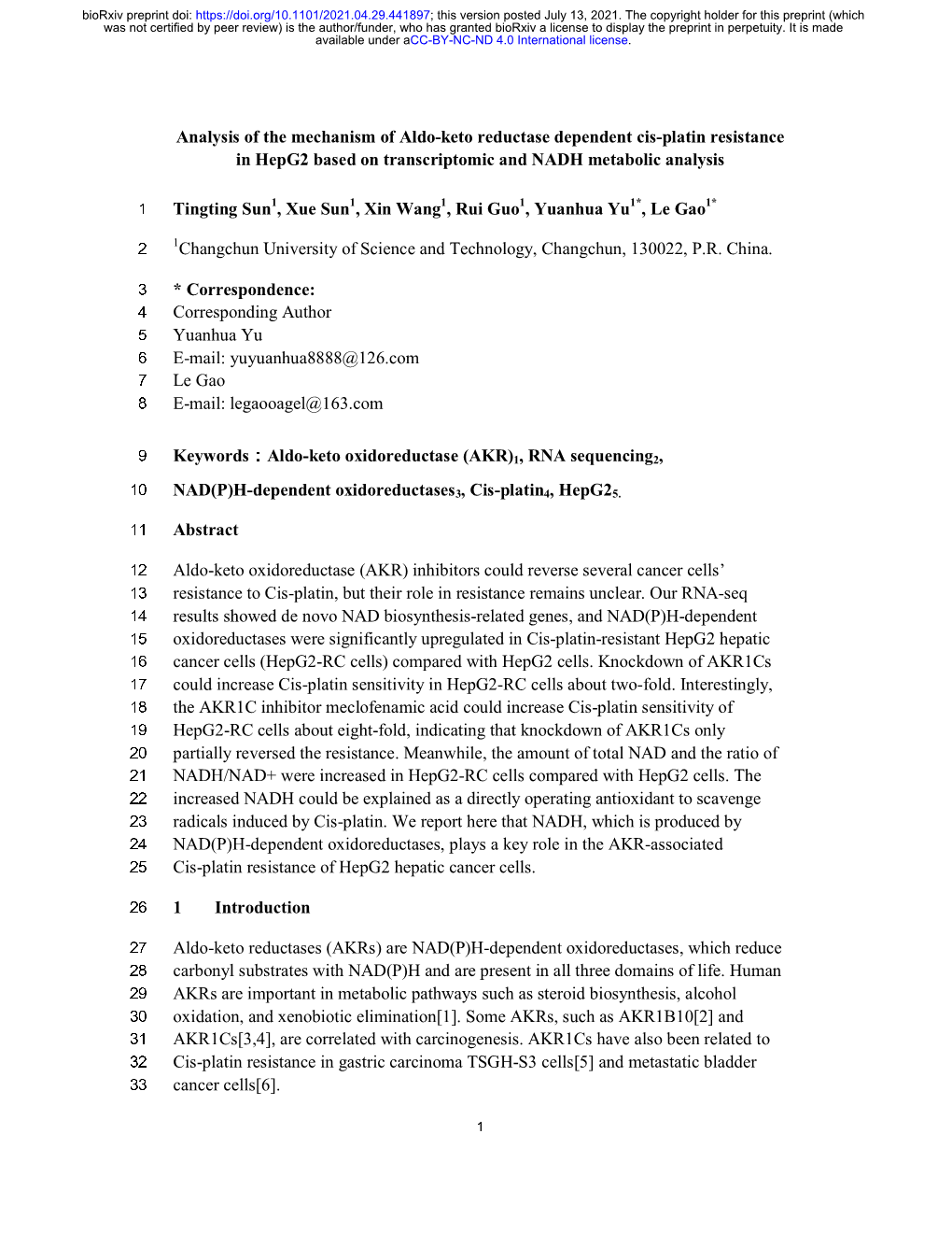 Analysis of the Mechanism of Aldo-Keto Reductase Dependent Cis-Platin Resistance in Hepg2 Based on Transcriptomic and NADH Metabolic Analysis