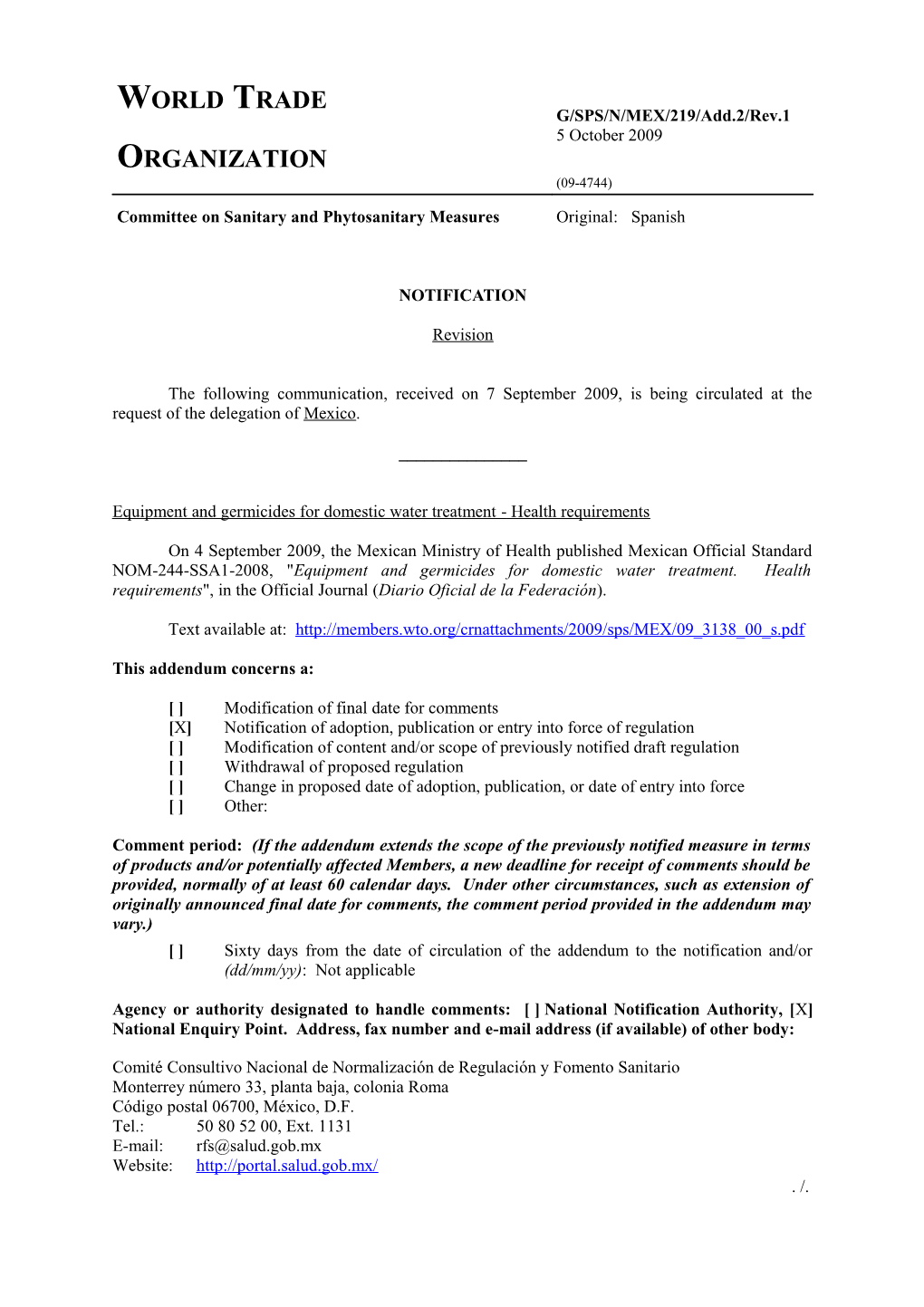 Equipment and Germicides for Domestic Water Treatment Health Requirements