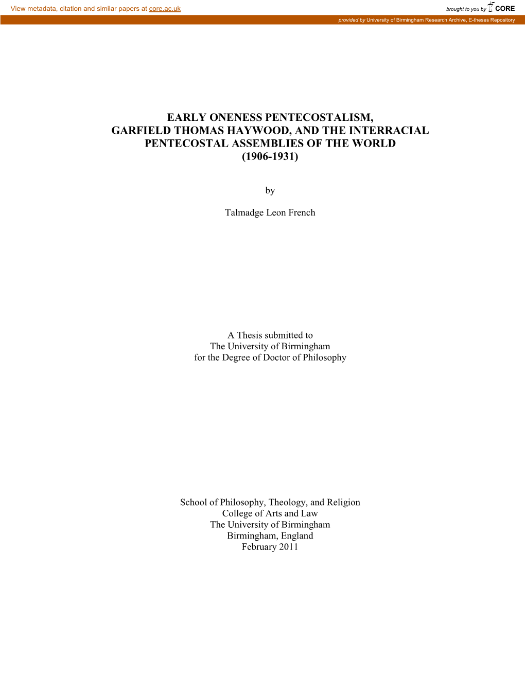 Early Oneness Pentecostalism, Garfield Thomas Haywood, and the Interracial Pentecostal Assemblies of the World (1906-1931)