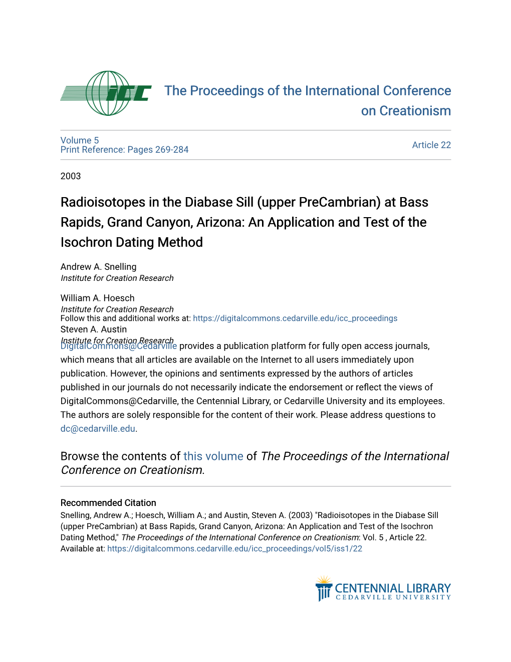 Radioisotopes in the Diabase Sill (Upper Precambrian) at Bass Rapids, Grand Canyon, Arizona: an Application and Test of the Isochron Dating Method