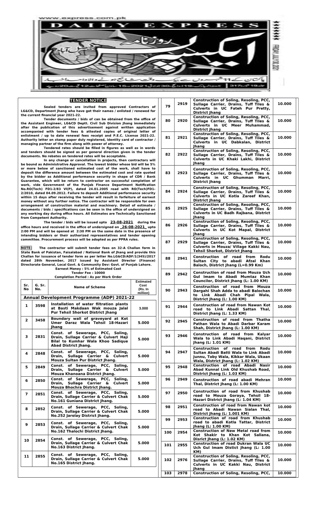 TENDER NOTICE Annual Development Programme (ADP