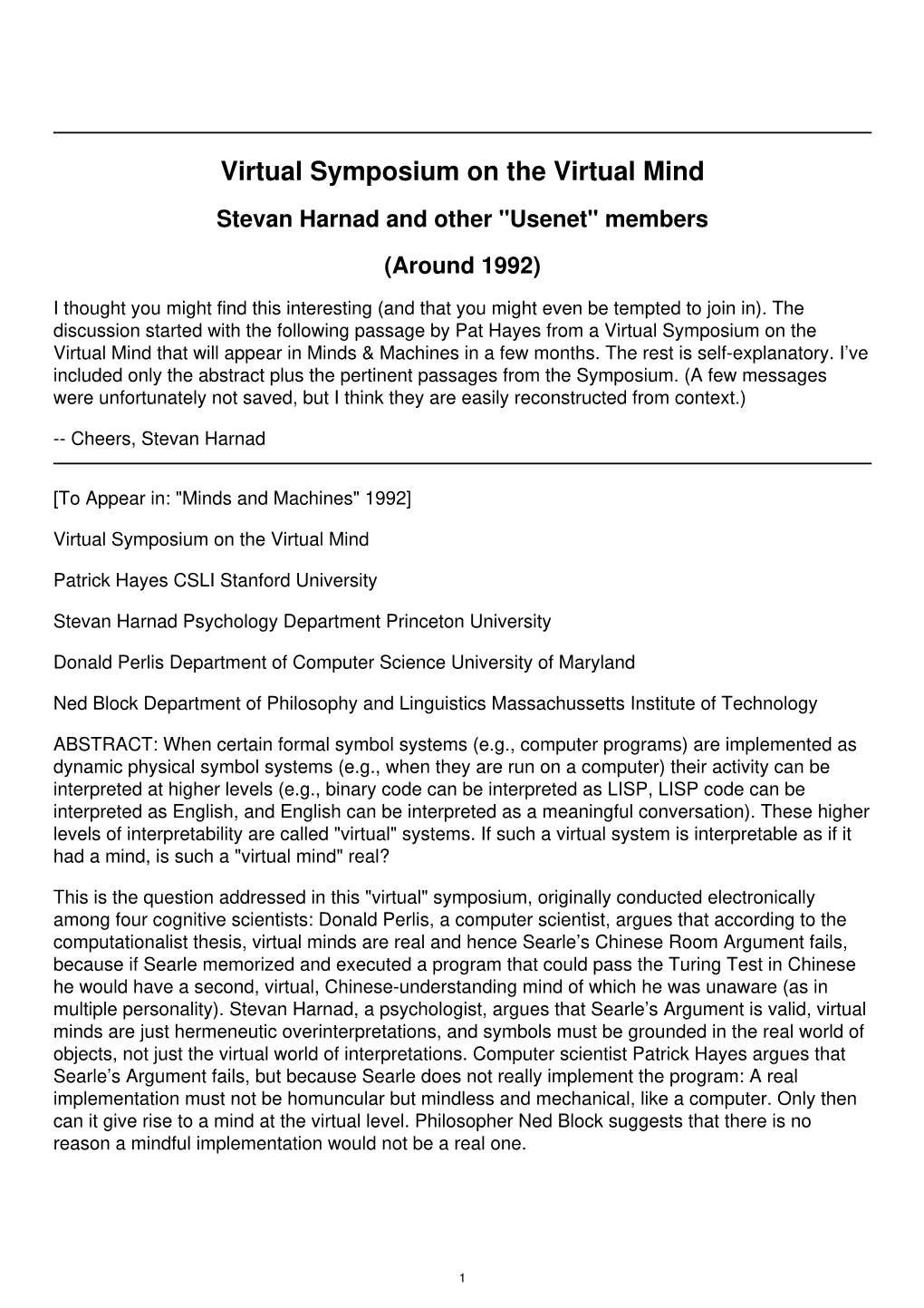 Virtual Symposium on the Virtual Mind Stevan Harnad and Other "Usenet" Members (Around 1992)