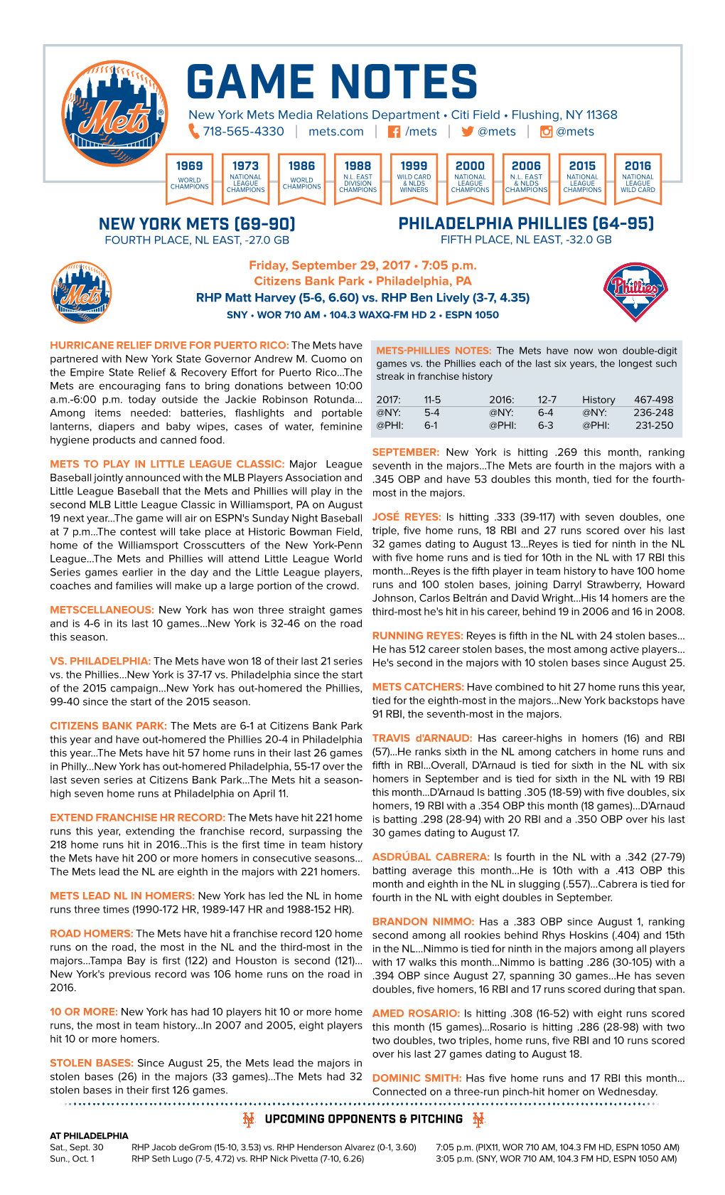 GAME NOTES New York Mets Media Relations Department • Citi Field • Flushing, NY 11368 718-565-4330 | Mets.Com | /Mets | @Mets | @Mets