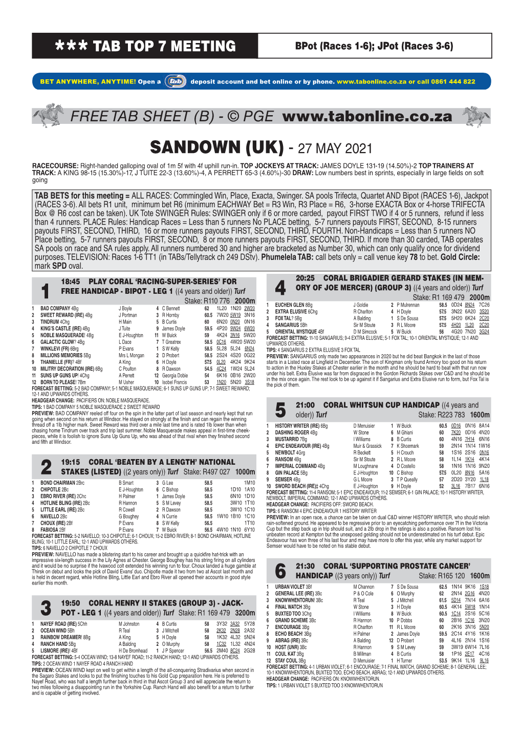 SANDOWN (UK) - 27 MAY 2021 RACECOURSE: Right-Handed Galloping Oval of 1M 5F with 4F Uphill Run-In