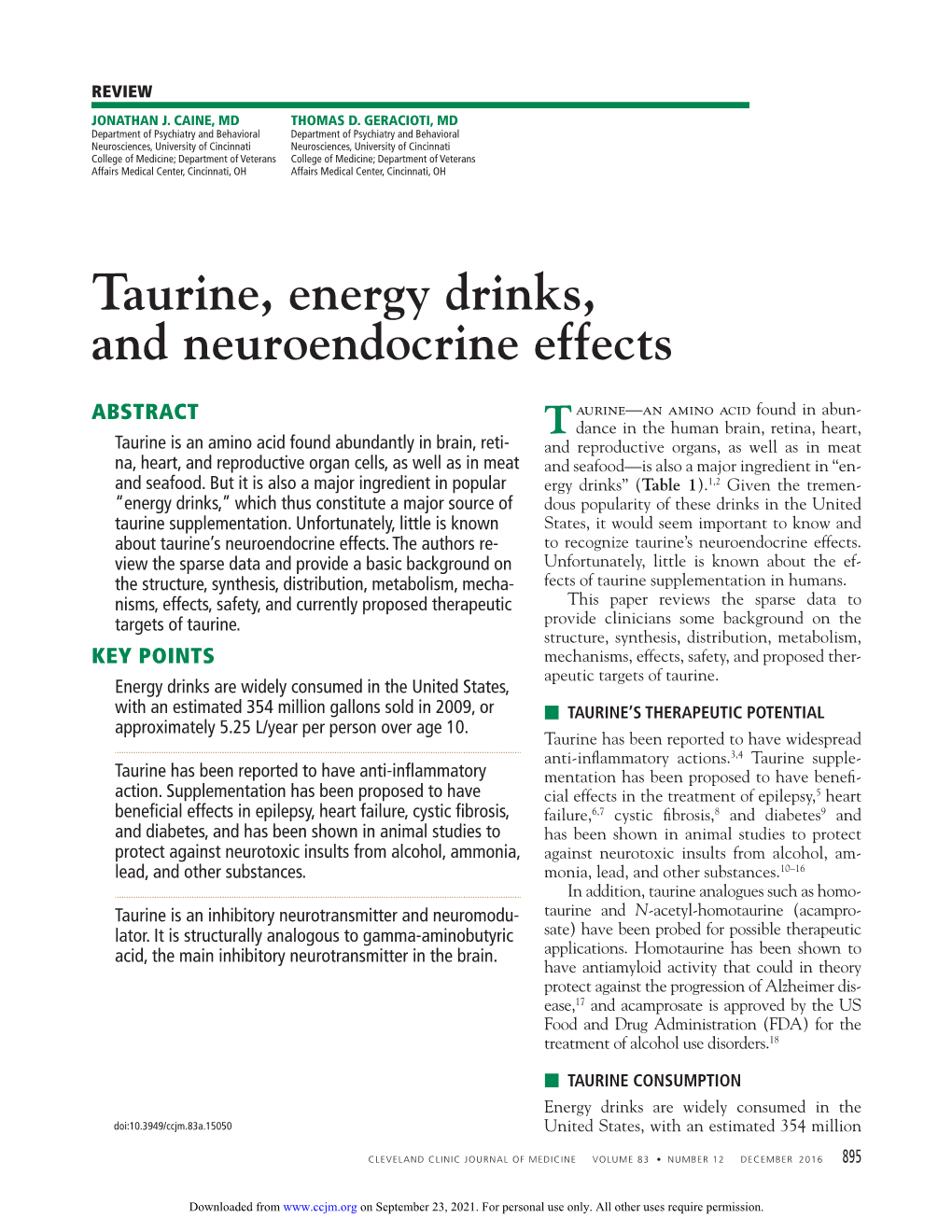 Taurine, Energy Drinks, and Neuroendocrine Effects