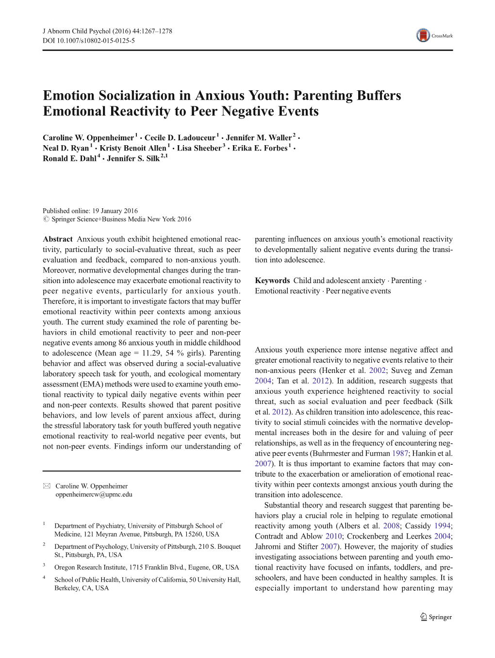 Parenting Buffers Emotional Reactivity to Peer Negative Events