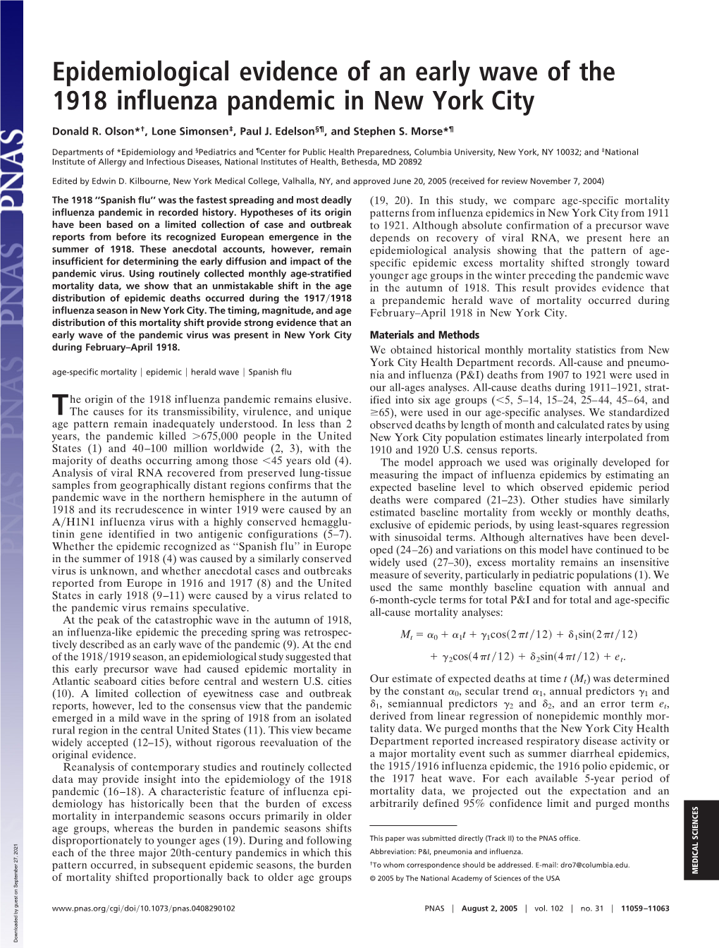 Epidemiological Evidence of an Early Wave of the 1918 Influenza Pandemic in New York City