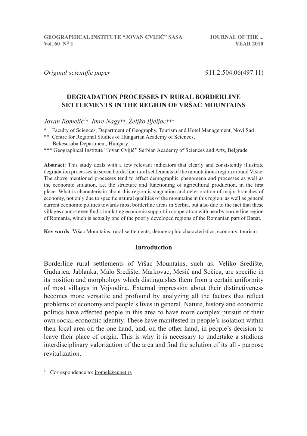 Degradation Processes in Rural Borderline Settlements in the Region of Vršac Mountains