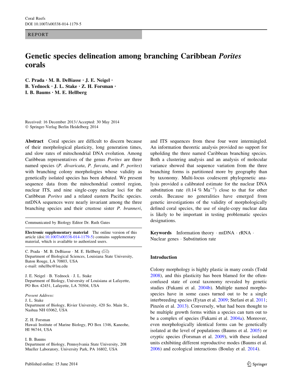 Genetic Species Delineation Among Branching Caribbean Porites Corals