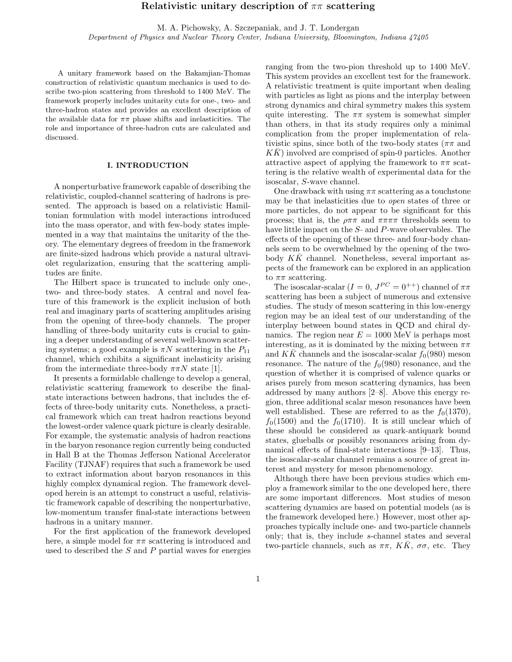 Relativistic Unitary Description of Ππ Scattering