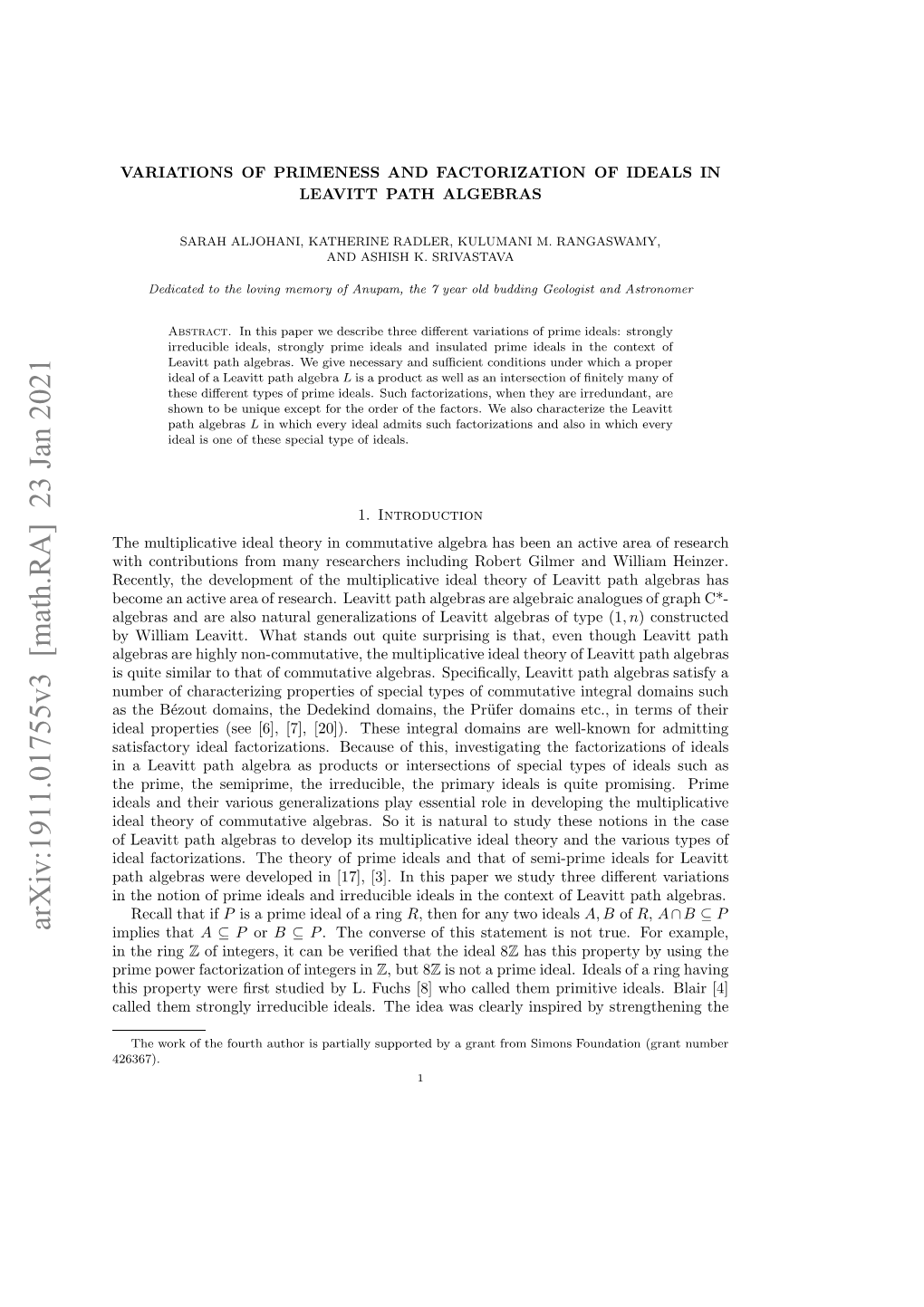 Arxiv:1911.01755V3 [Math.RA] 23 Jan 2021 Aldte Togyirdcbeiel.Teie a Lal Nprdb S by Inspired Primit Clearly Them Was Called Idea Who the [8] Ideals