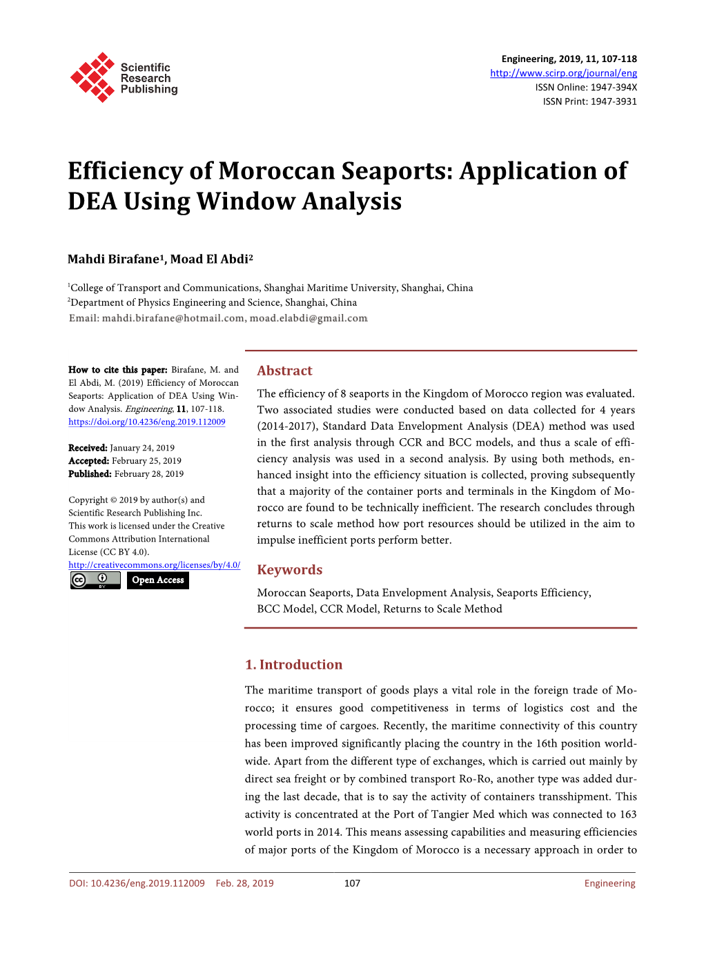Efficiency of Moroccan Seaports: Application of DEA Using Window Analysis