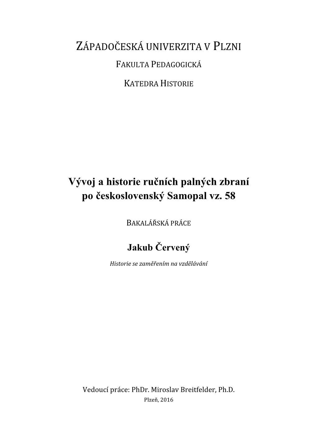 Vývoj a Historie Ručních Palných Zbraní Po Československý Samopal Vz. 58