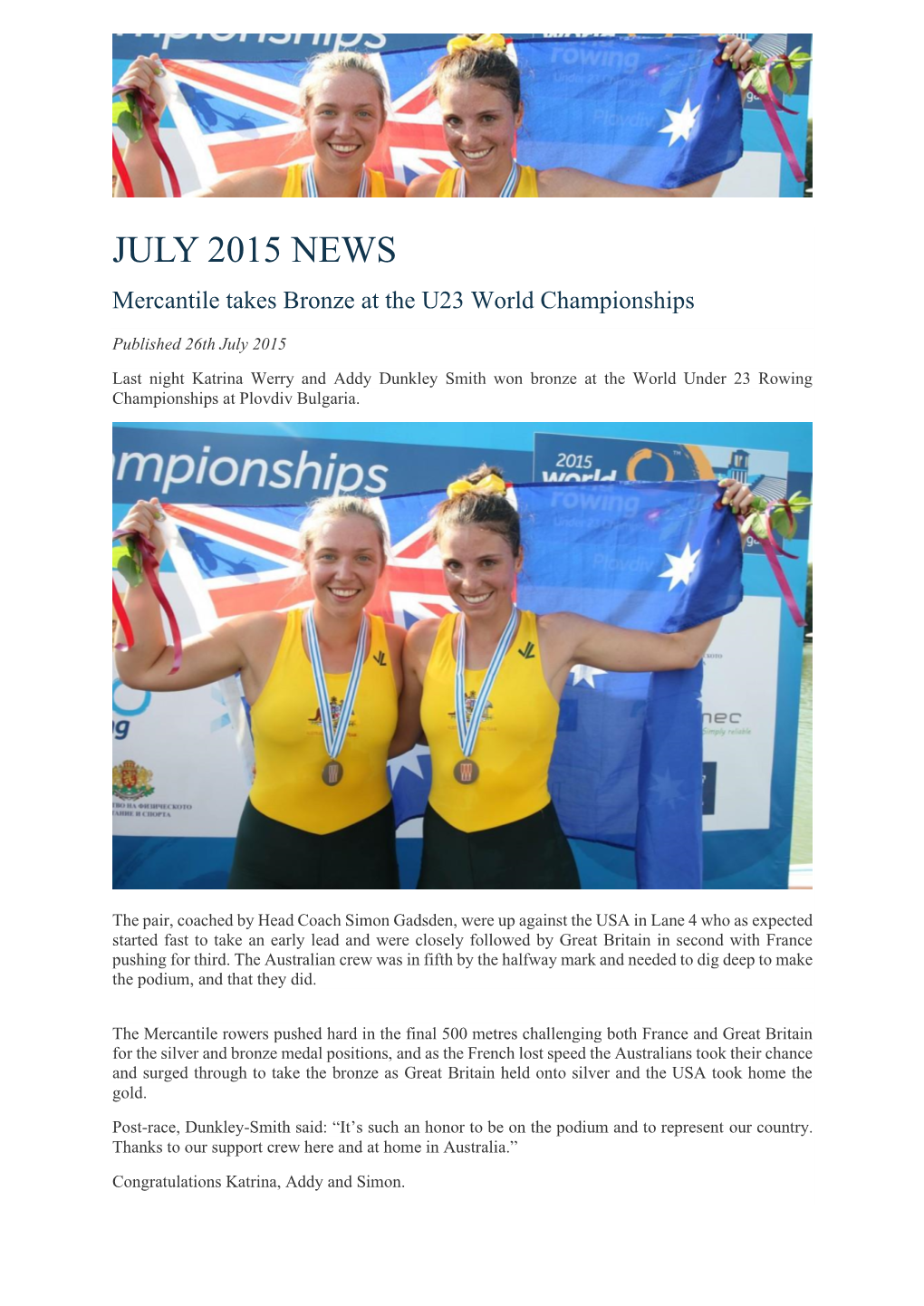 JULY 2015 NEWS Mercantile Takes Bronze at the U23 World Championships