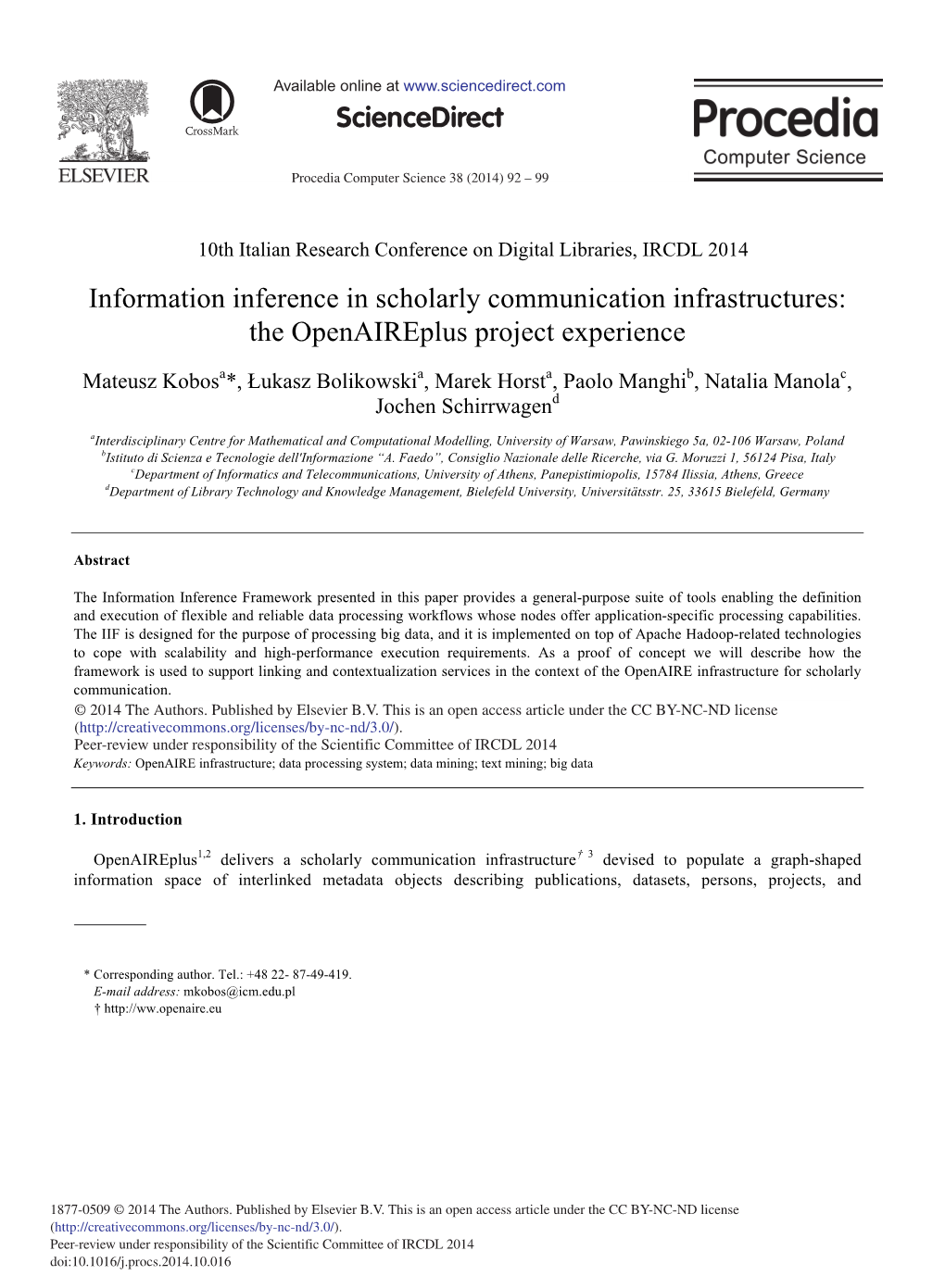 Information Inference in Scholarly Communication Infrastructures: the Openaireplus Project Experience