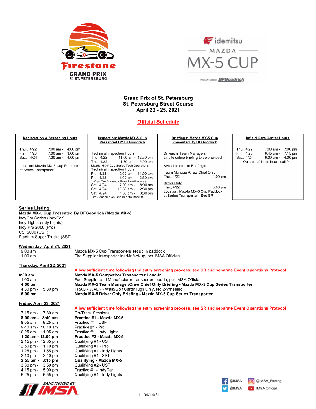 2021 IMSA Official Schedule and SR ST Pete 041421 V1