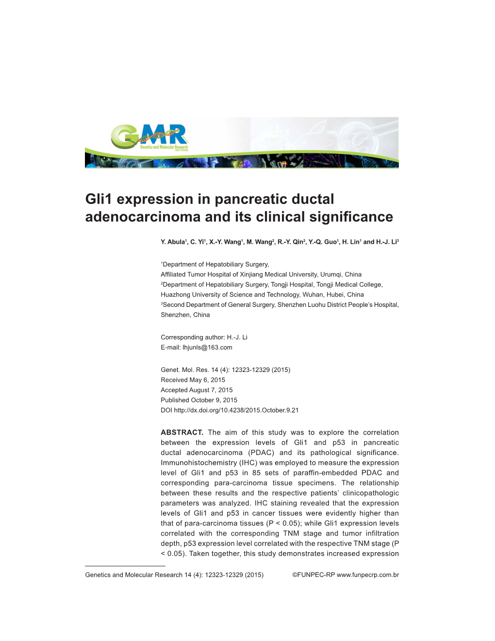 Gli1 Expression in Pancreatic Ductal Adenocarcinoma and Its Clinical Significance