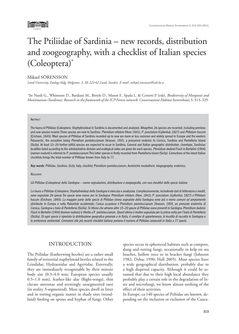 The Ptiliidae of Sardinia – New Records, Distribution and Zoogeography, with a Checklist of Italian Species ( Coleoptera)*