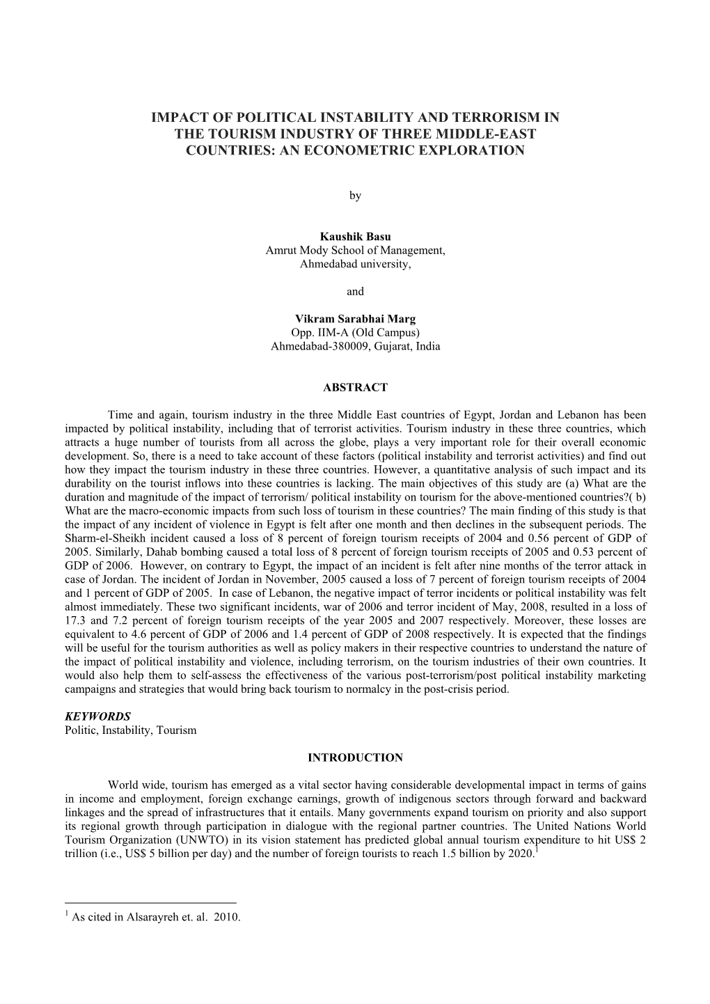 Impact of Political Instability and Terrorism in the Tourism Industry of Three Middle-East Countries: an Econometric Exploration