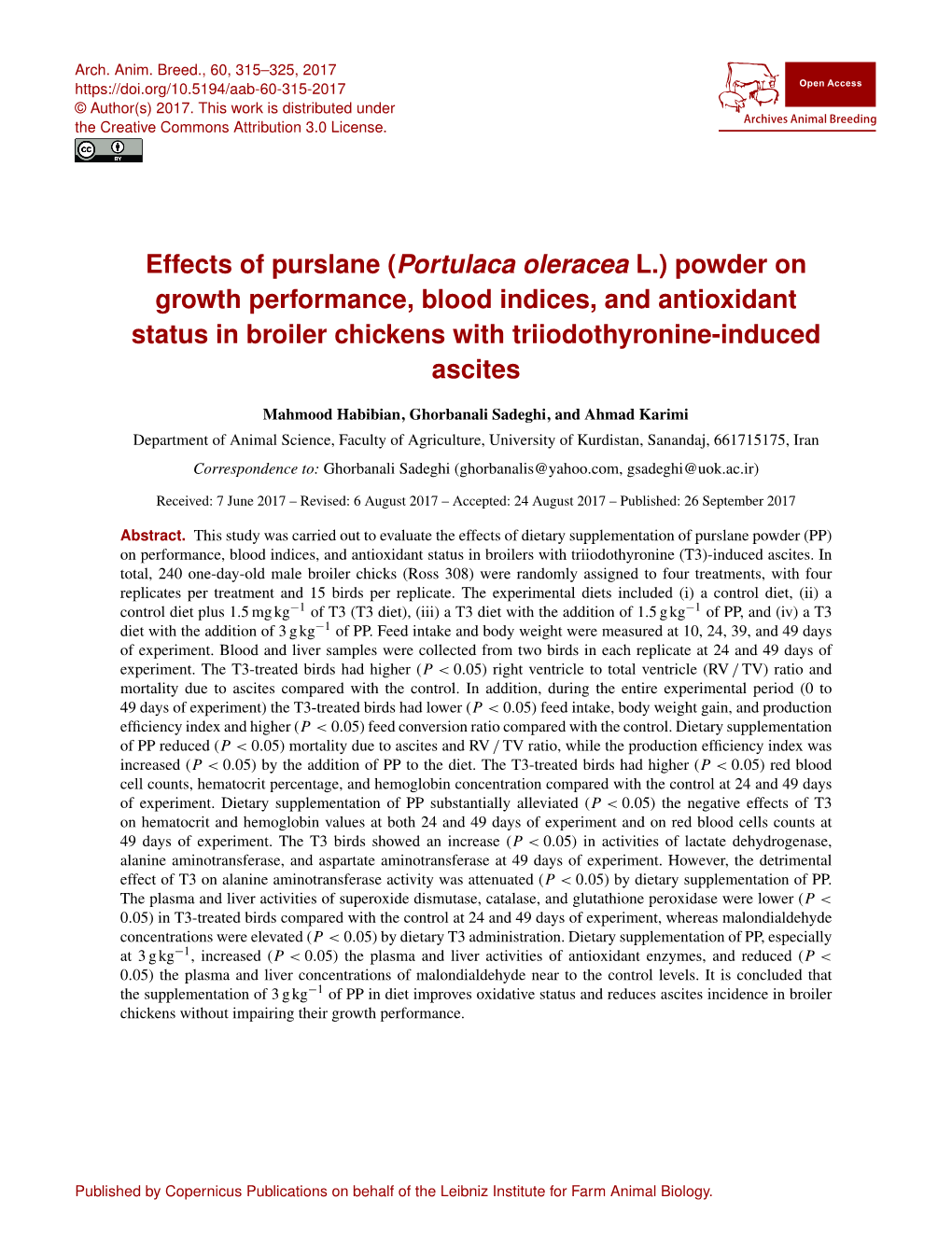 Effects of Purslane (Portulaca Oleracea L.) Powder on Growth Performance, Blood Indices, and Antioxidant Status in Broiler Chick