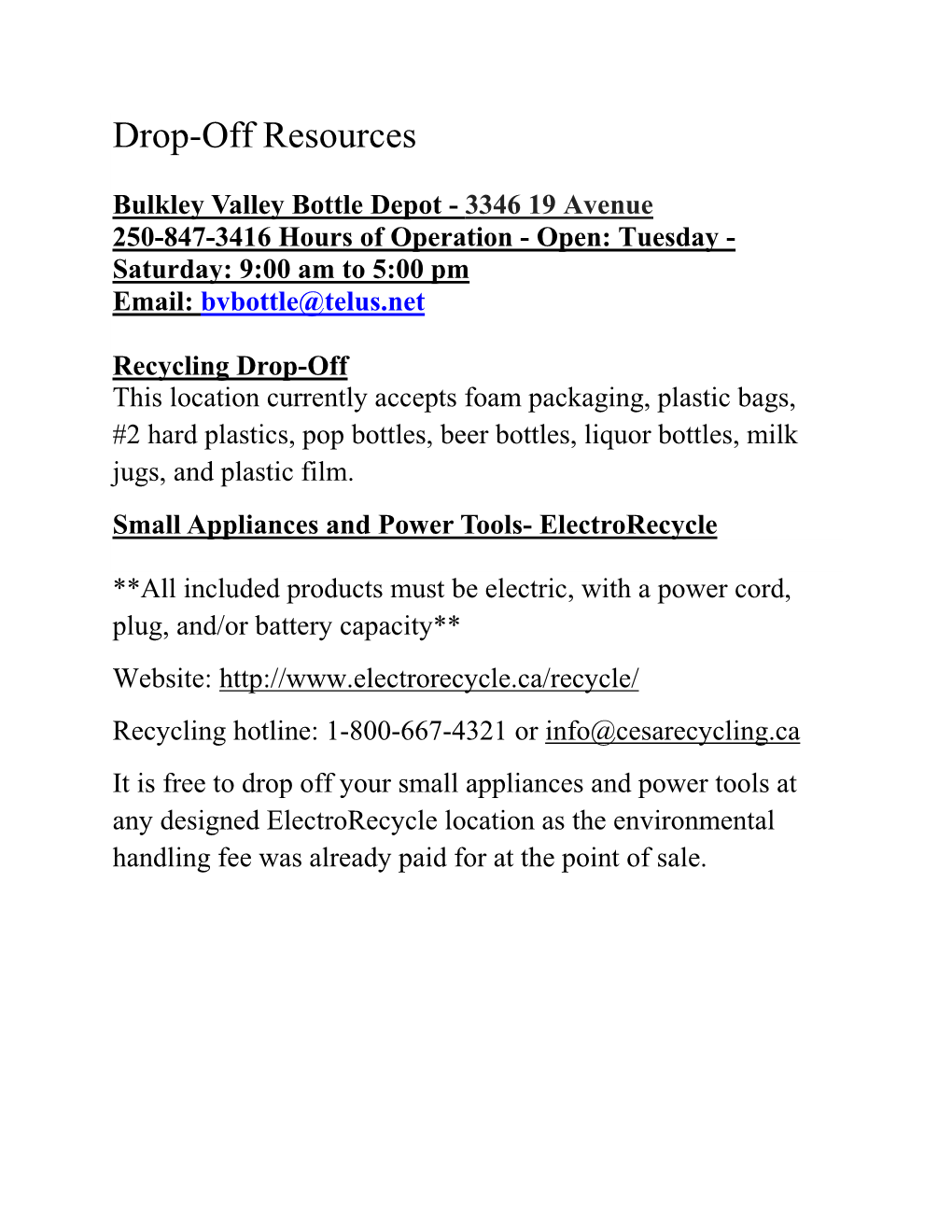 Town of Smithers Recycling Drop-Off Resources