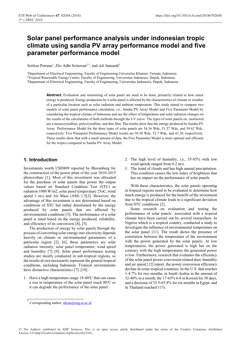 Solar Panel Performance Analysis Under Indonesian Tropic Climate Using Sandia PV Array Performance Model and Five Parameter Performance Model