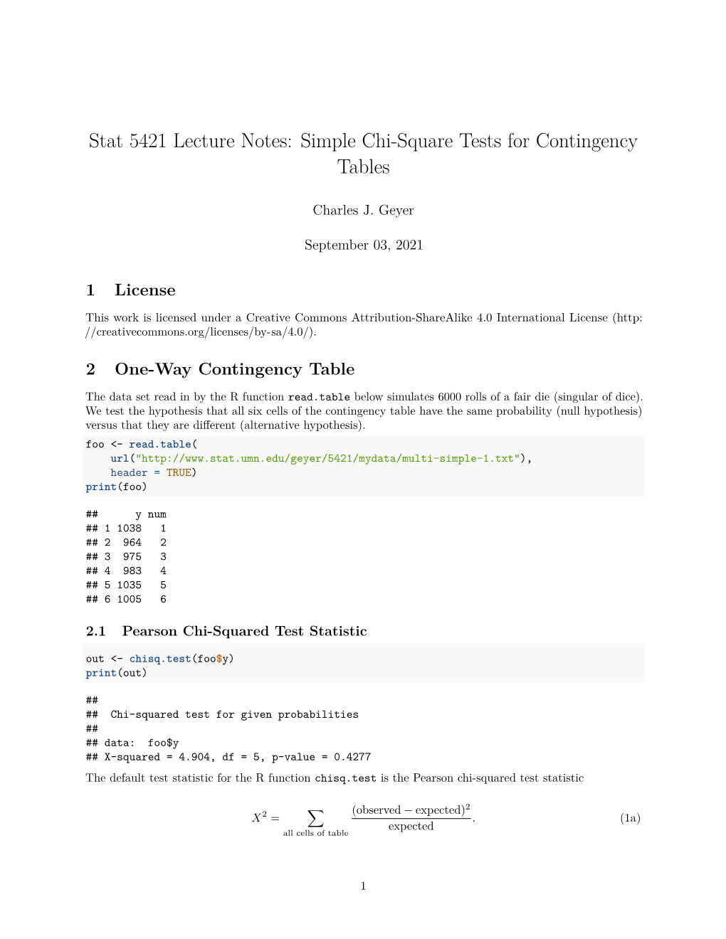 Stat 5421 Lecture Notes: Simple Chi-Square Tests for Contingency Tables