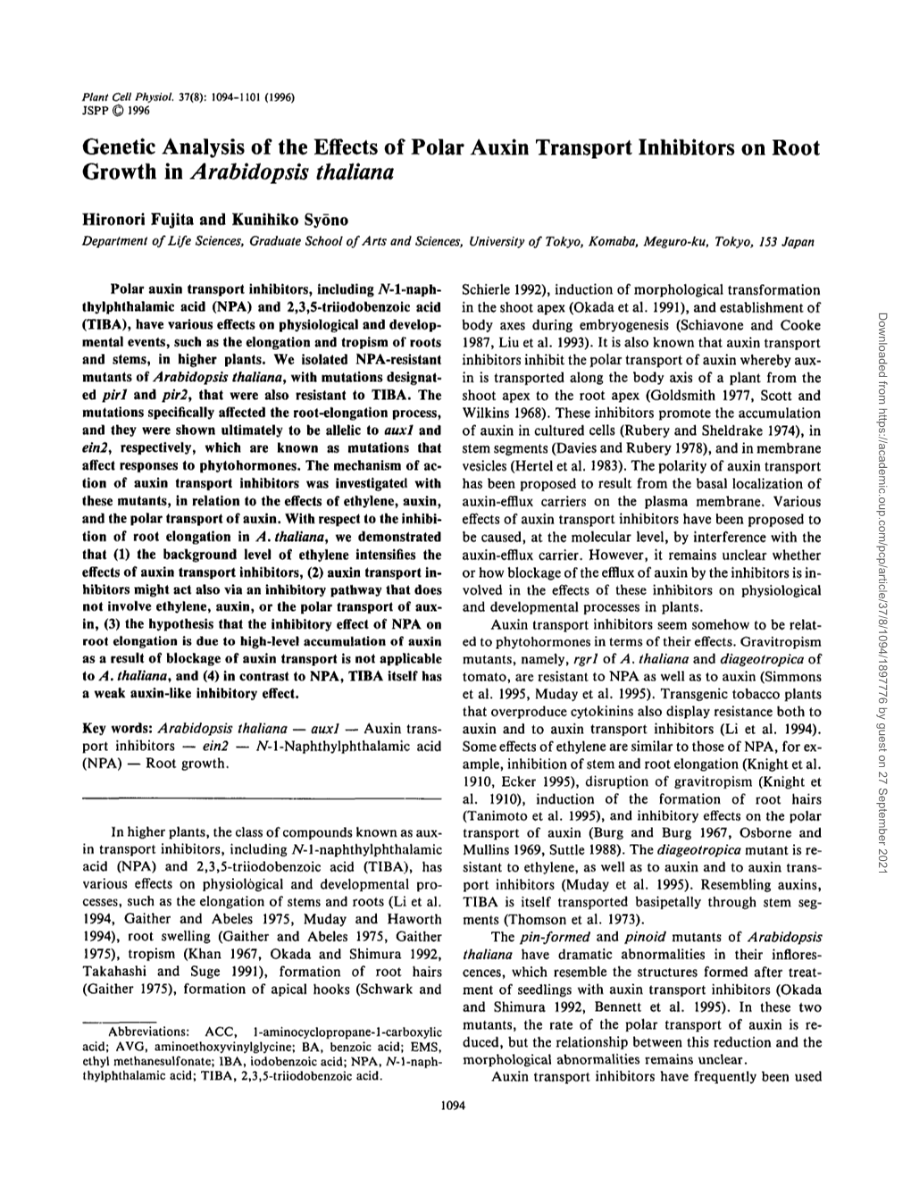 Genetic Analysis of the Effects of Polar Auxin Transport Inhibitors on Root Growth in Arabidopsis Thaliana