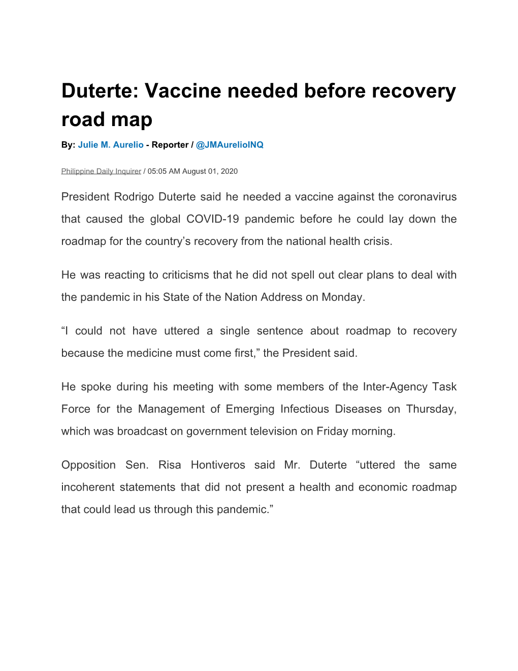 Duterte: Vaccine Needed Before Recovery Road Map