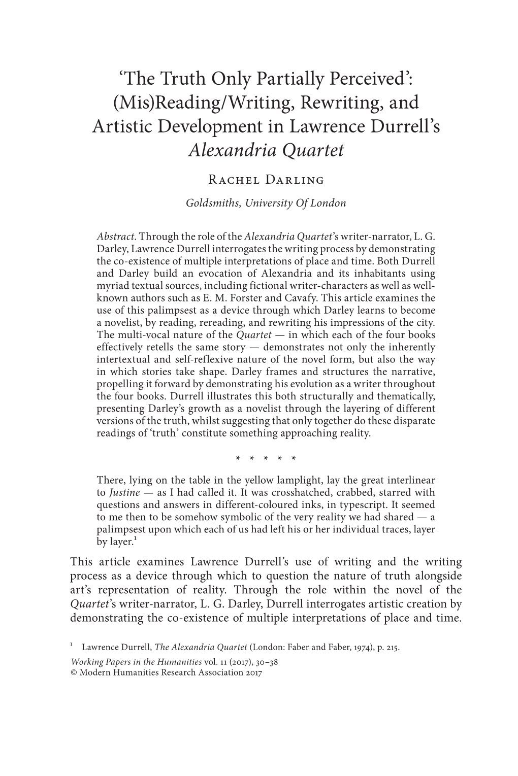 Alexandria Quartet Rachel Darling Goldsmiths, University of London